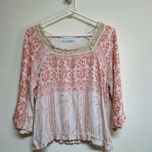 Maurice's Boho 3/4 Sleeve Peach Top Lace Trim Lightweight Large Summer Comfort